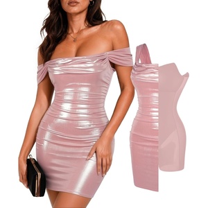 image:imagePopilush Women Off Shoulder Cocktail Dress with Builtin Bra Shapewear Ruched Metallic Mini Bodycon DressPink