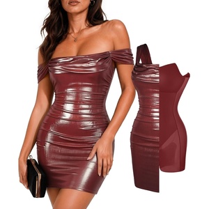 image:imagePopilush Women Off Shoulder Cocktail Dress with Builtin Bra Shapewear Ruched Metallic Mini Bodycon DressRed