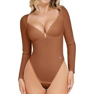 image:imagePopilush Long Sleeve Bodysuit for Women Lace Shapewear Body Suits Deep V Tummy Control Corset Trendy Going Out TopsBrown