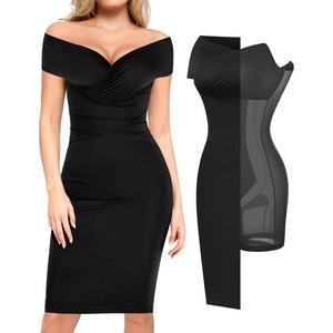 image:imagePopilush Womens Shapewear Midi Dress Off Shoulder Wrap V Neck Formal Wedding Guest Cocktail Dresses Bodycon Evening GownsBlack